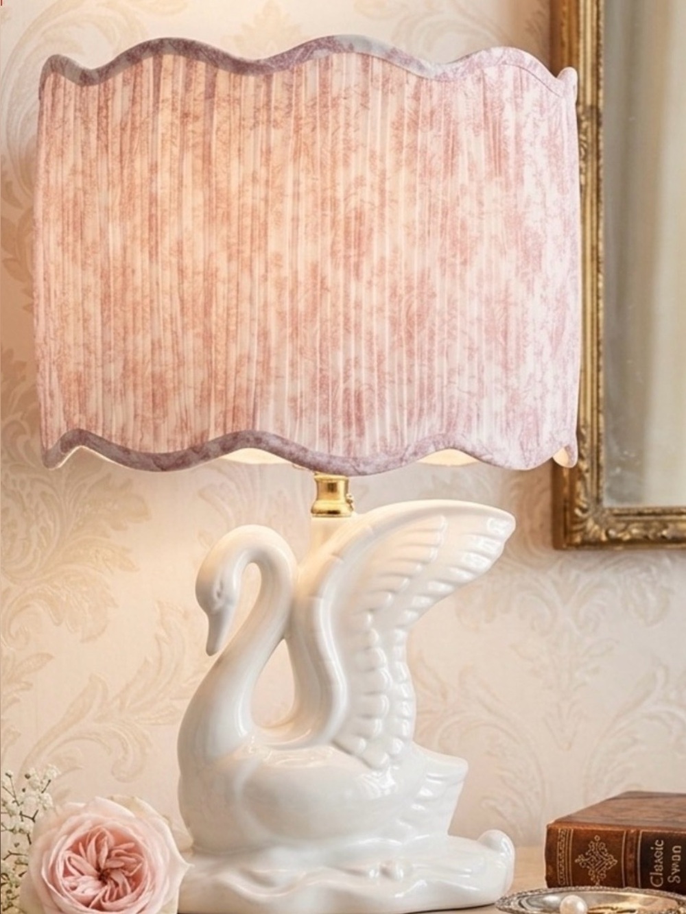 White Ceramic Swan Table Lamp with Pink Fabric Shade